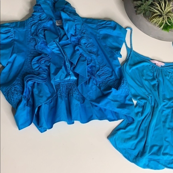 Vintage Bold Blue Crop Ruffle 80s Jacket & Tank top Sz Small women’s - Picture 2 of 8